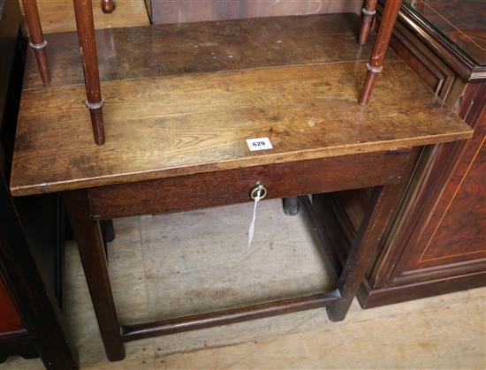 George III oak side table, fitted drawer, on square chamfered legs with stretcher(-)